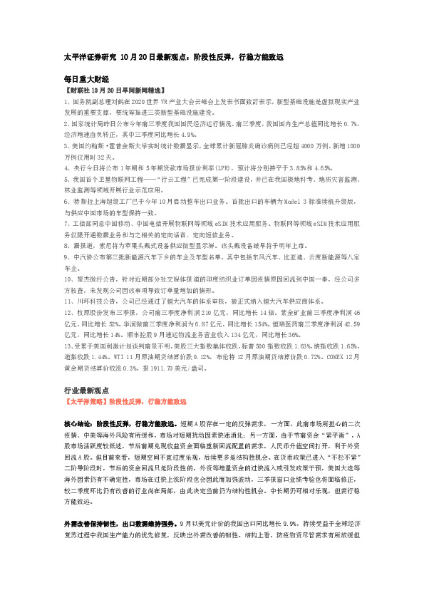 10月20日最新观点：阶段性反弹，行稳方能致远