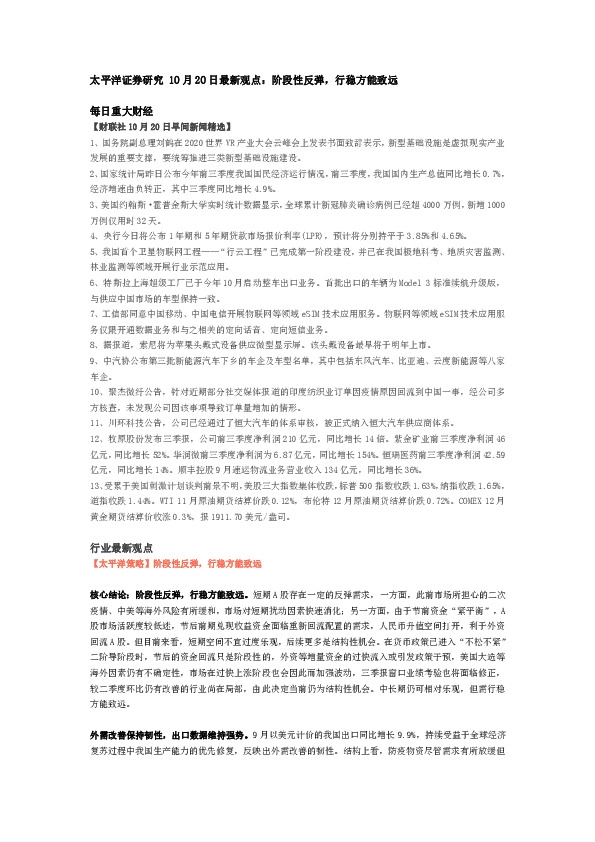 10月20日最新观点：阶段性反弹，行稳方能致远