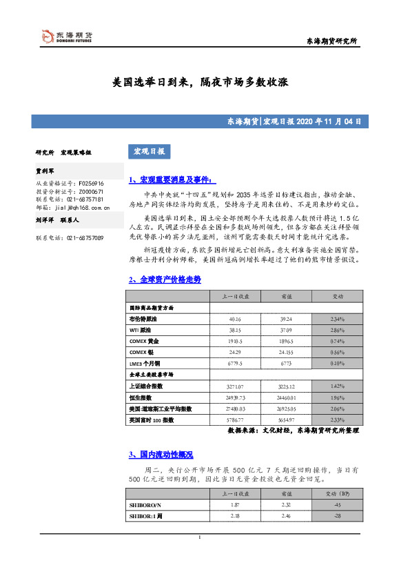 宏观日报：美国选举日到来，隔夜市场多数收涨