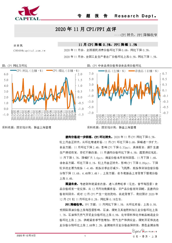 2020年11月CPI/PPI点评：CPI转负，PPI降幅收窄