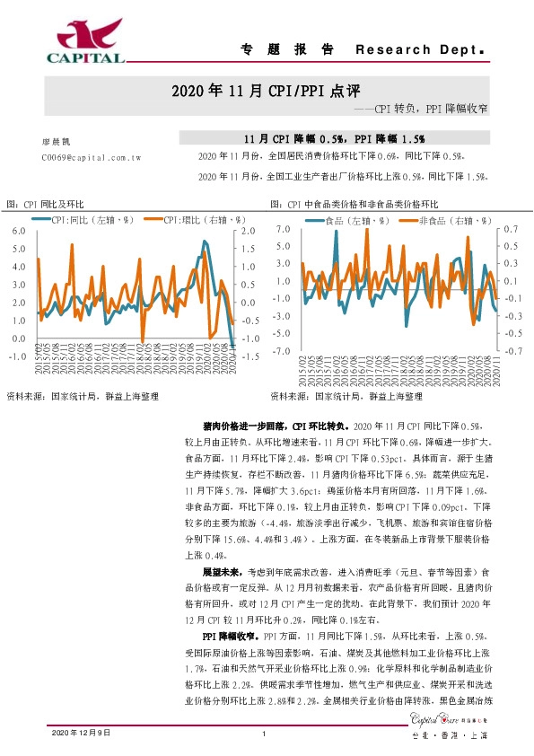 2020年11月CPI/PPI点评：CPI转负，PPI降幅收窄