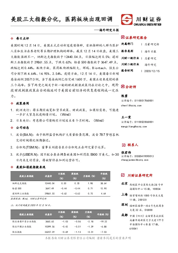 海外研究日报：美股三大指数分化，医药板块出现回调