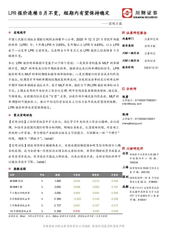 宏观日报：LPR报价连续8月不变，短期内有望保持稳定