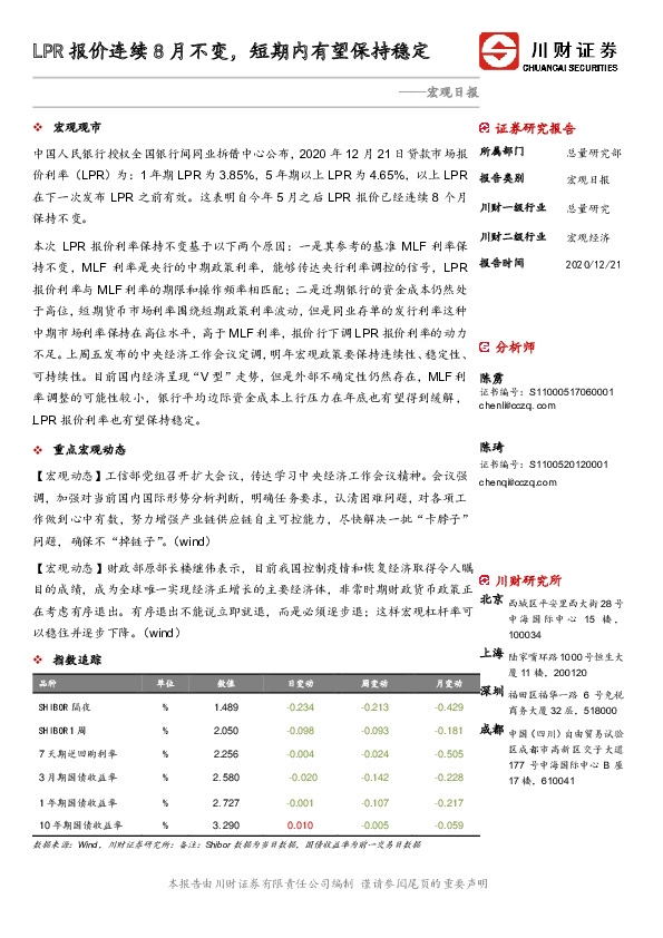 宏观日报：LPR报价连续8月不变，短期内有望保持稳定