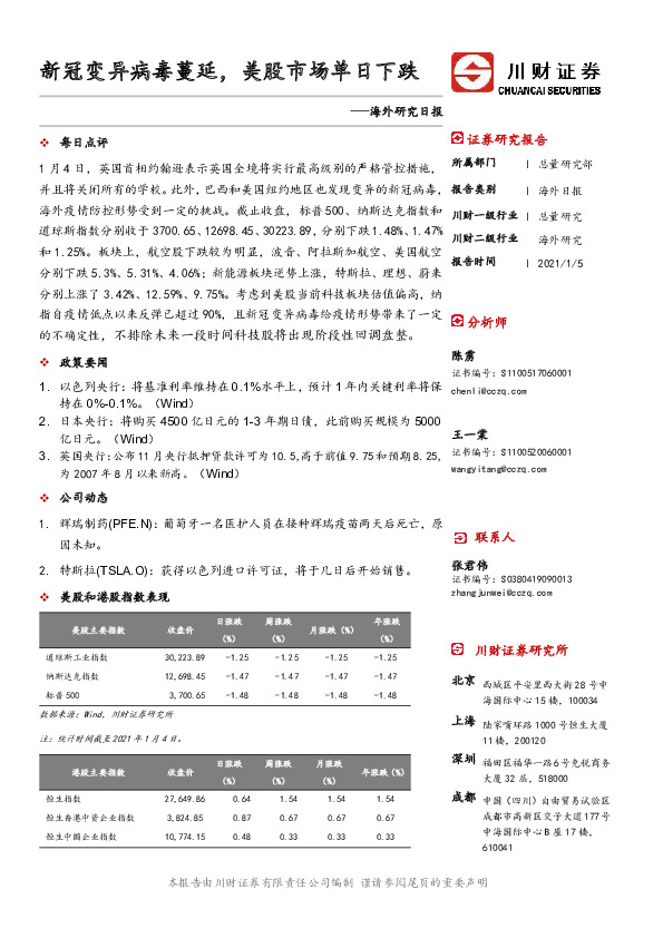海外研究日报：新冠变异病毒蔓延，美股市场单日下跌