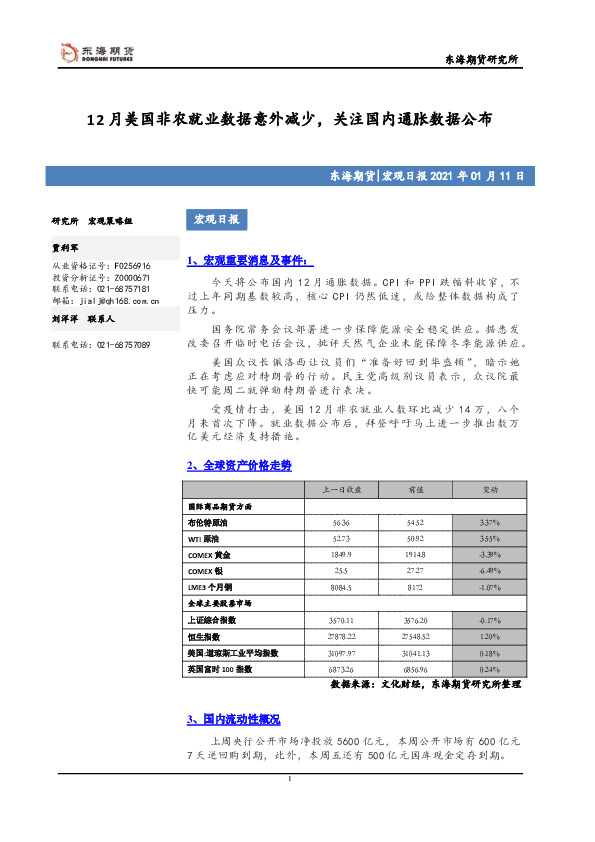 宏观日报：12月美国非农就业数据意外减少，关注国内通胀数据公布