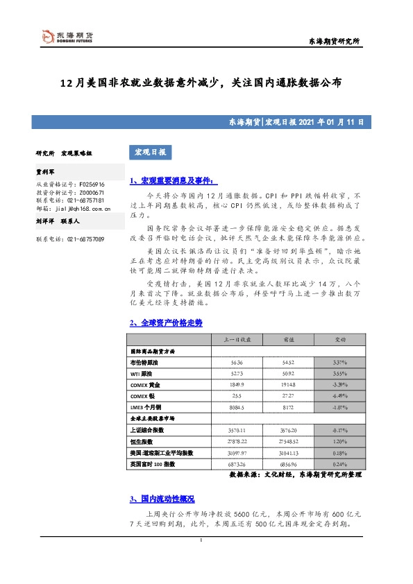 宏观日报：12月美国非农就业数据意外减少，关注国内通胀数据公布