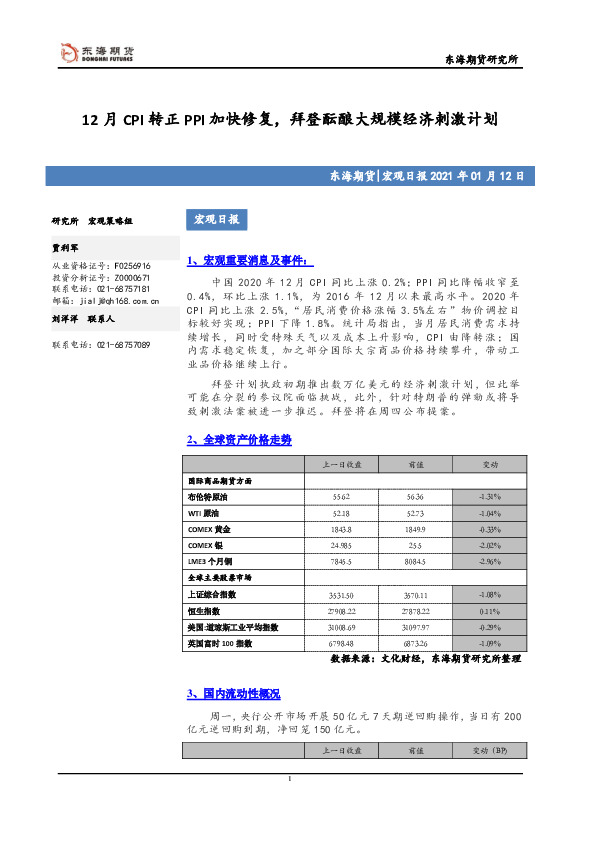 宏观日报：12月CPI转正PPI加快修复，拜登酝酿大规模经济刺激计划