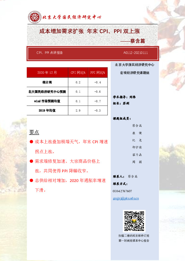 CPI、PPI点评报告：成本增加需求扩张年末CPI、PPI双上涨