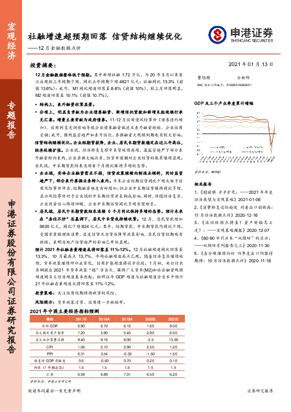 12月金融数据点评：社融增速超预期回落 信贷结构继续优化