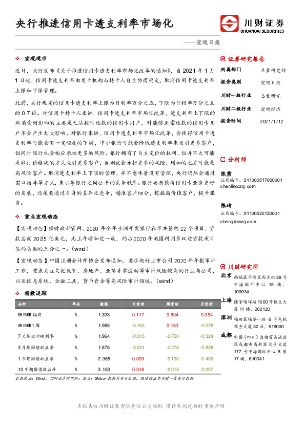 宏观日报：央行推进信用卡透支利率市场化