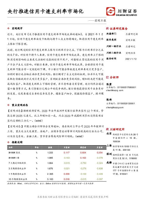 宏观日报：央行推进信用卡透支利率市场化