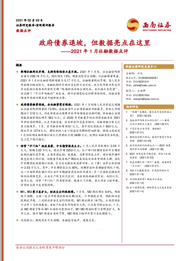 2021年1月社融数据点评：政府债券退坡，但数据亮点在这里