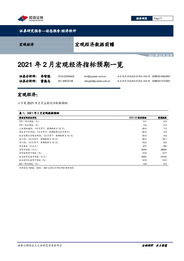 宏观经济数据前瞻：2021年2月宏观经济指标预期一览