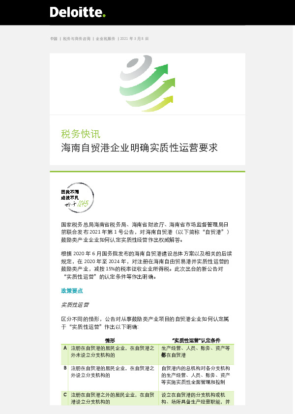 税务快讯：海南自贸港企业明确实质性运营要求