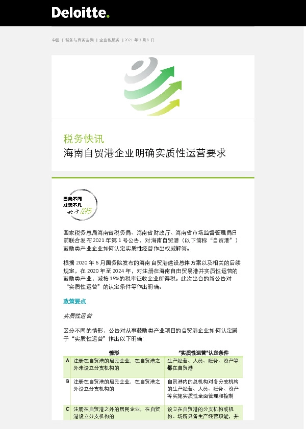 税务快讯：海南自贸港企业明确实质性运营要求