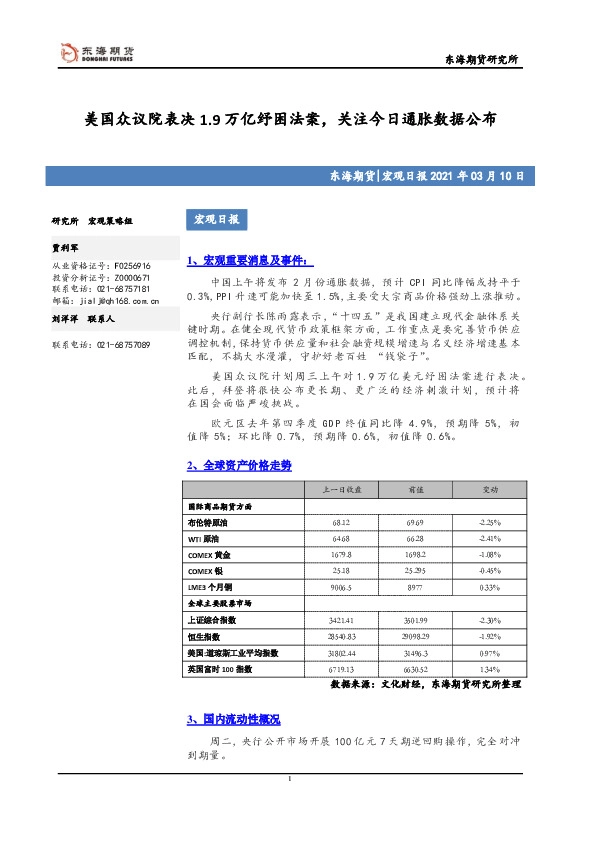 宏观日报：美国众议院表决1.9万亿纾困法案，关注今日通胀数据公布