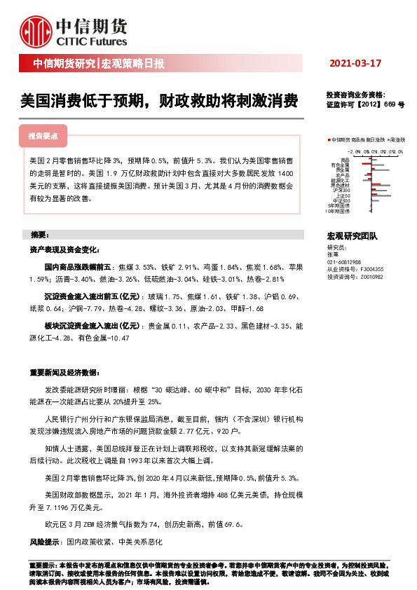 宏观策略日报：美国消费低于预期，财政救助将刺激消费