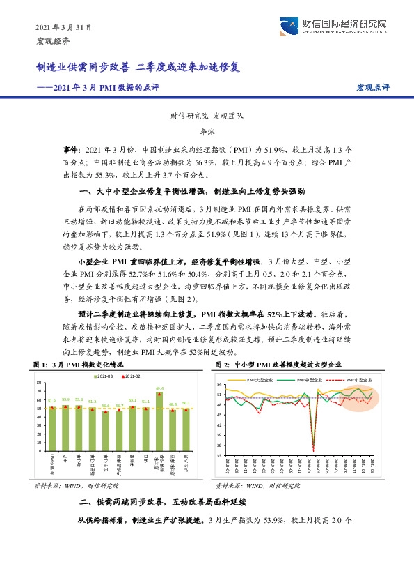 2021年3月PMI数据的点评：制造业供需同步改善 二季度或迎来加速修复