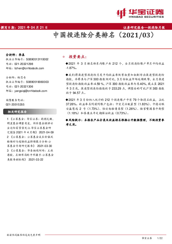 投连险月报：中国投连险分类排名