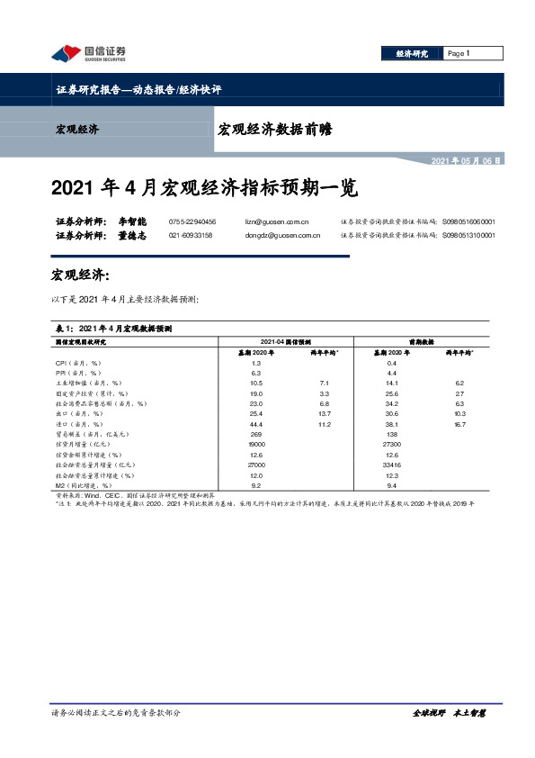 2021年4月宏观经济指标预期一览