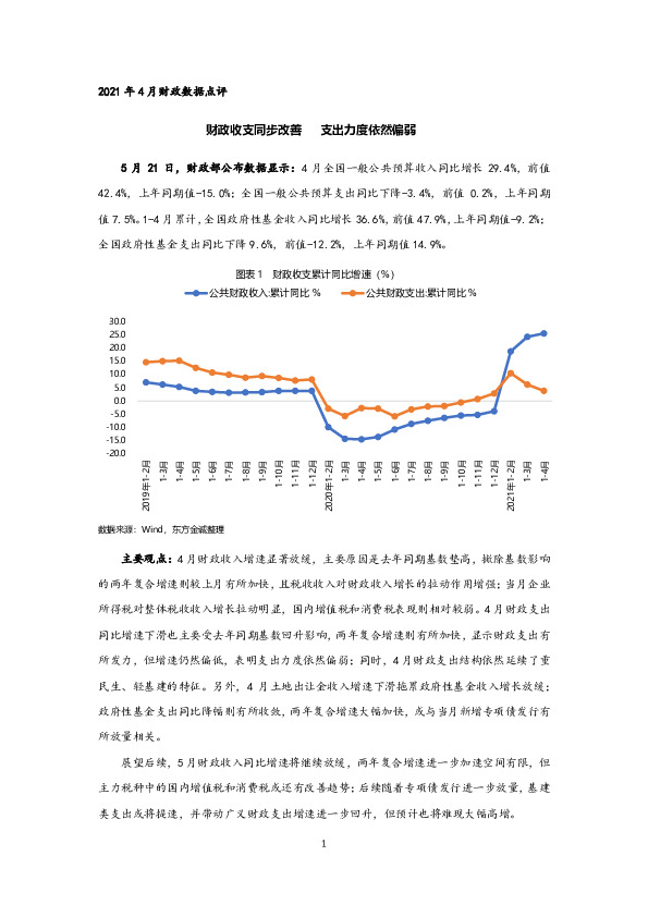 2021年4月财政数据点评：财政收支同步改善 支出力度依然偏弱