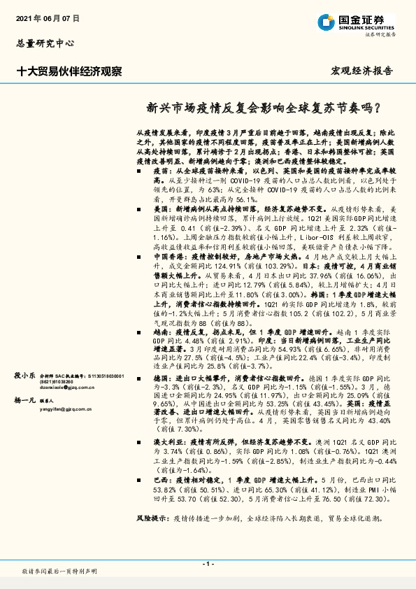 十大贸易伙伴经济观察：新兴市场疫情反复会影响全球复苏节奏吗？