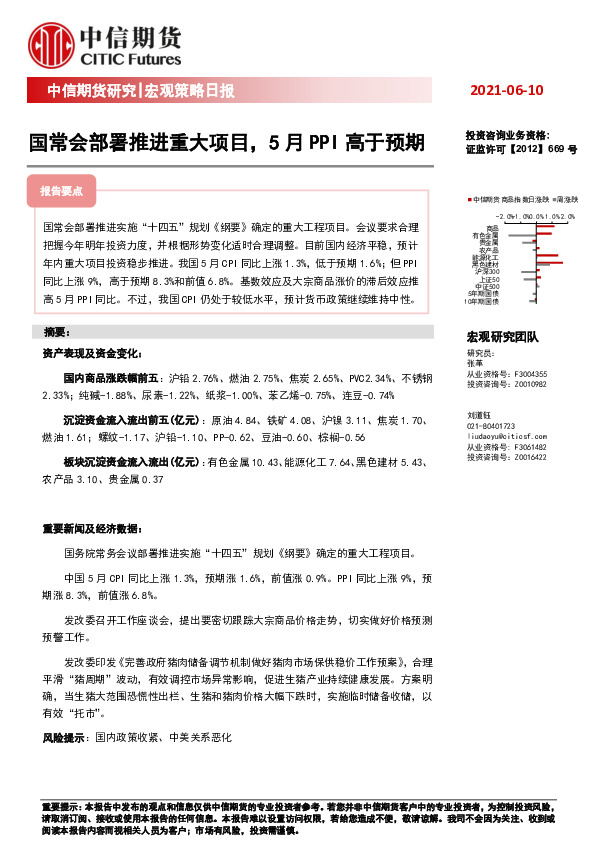 宏观策略日报：国常会部署推进重大项目，5月PPI高于预期