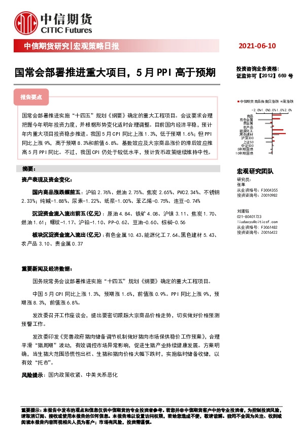 宏观策略日报：国常会部署推进重大项目，5月PPI高于预期