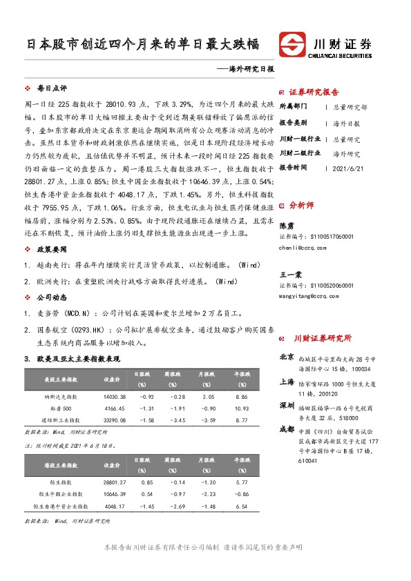 海外研究日报：日本股市创近四个月来的单日最大跌幅