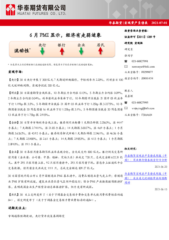 宏观资产负债表：6月PMI显示，经济有走弱迹象