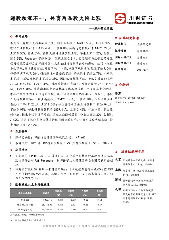 海外研究日报：港股跌涨不一，体育用品股大幅上涨