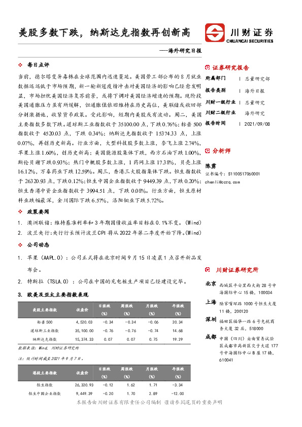 海外研究日报：美股多数下跌，纳斯达克指数再创新高