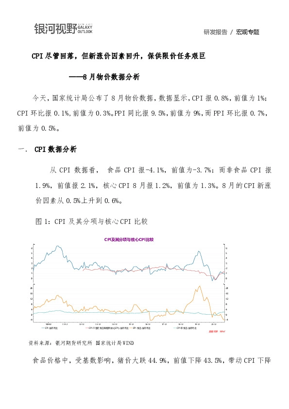 8月物价数据分析：CPI尽管回落，但新涨价因素回升，保供限价任务艰巨