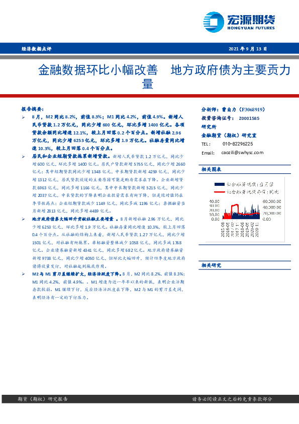 经济数据点评：金融数据环比小幅改善 地方政府债为主要贡力量