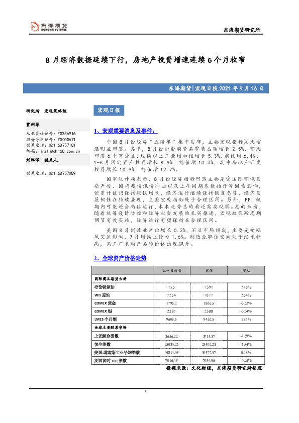 宏观日报：8月经济数据延续下行，房地产投资增速连续6个月收窄