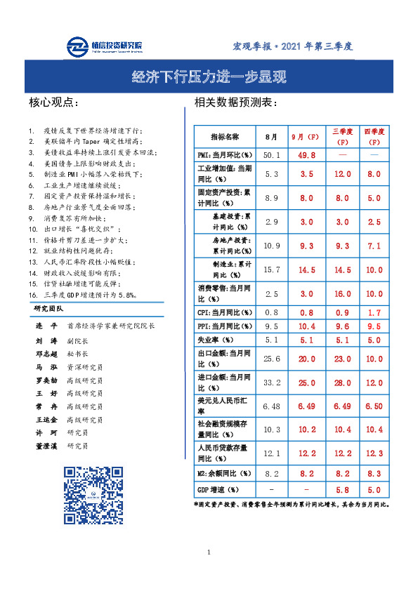 宏观季报·2021年第三季度：经济下行压力进一步显现