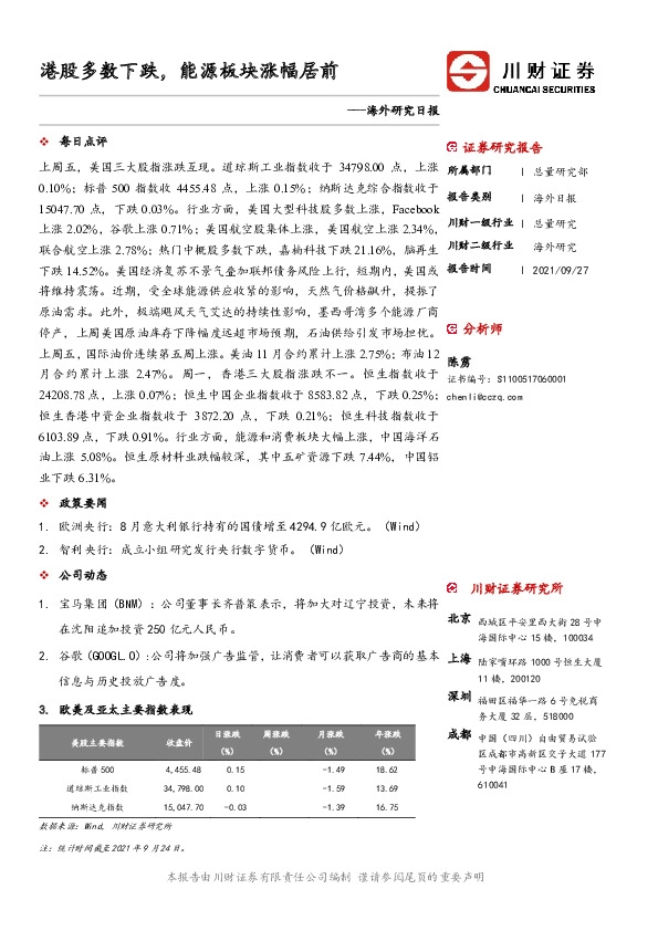 海外研究日报：港股多数下跌，能源板块涨幅居前