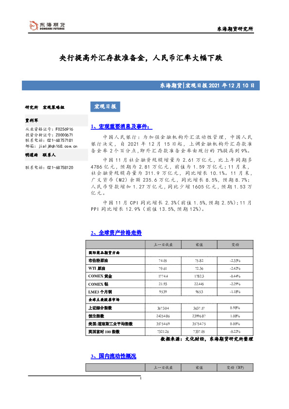 宏观日报：央行提高外汇存款准备金，人民币汇率大幅下跌