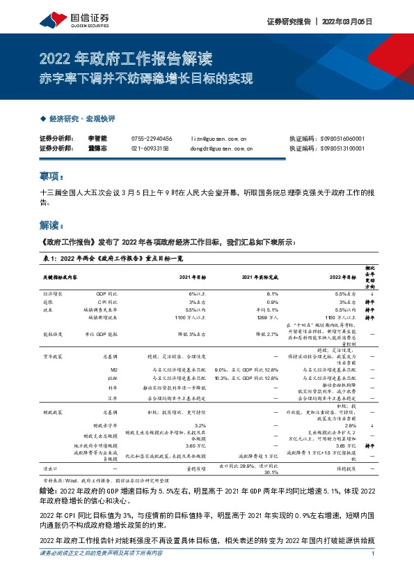 2022年政府工作报告解读：赤字率下调并不妨碍稳增长目标的实现