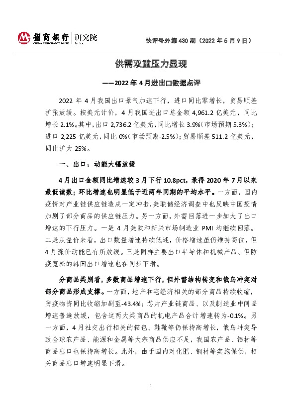 快评号外第430期：2022年4月进出口数据点评：供需双重压力显现