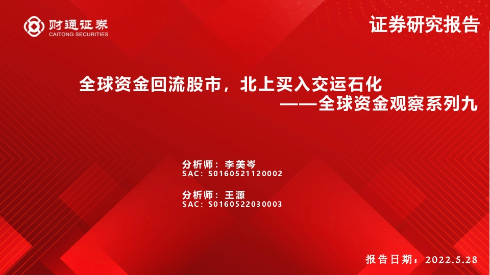 全球资金观察系列九：全球资金回流股市，北上买入交运石化