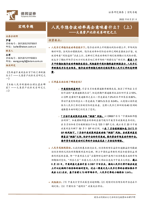 大类资产比价关系研究之三：人民币隐含波动率高企意味着什么？（上）