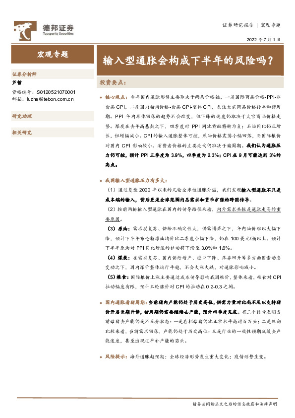 宏观专题：输入型通胀会构成下半年的风险吗？