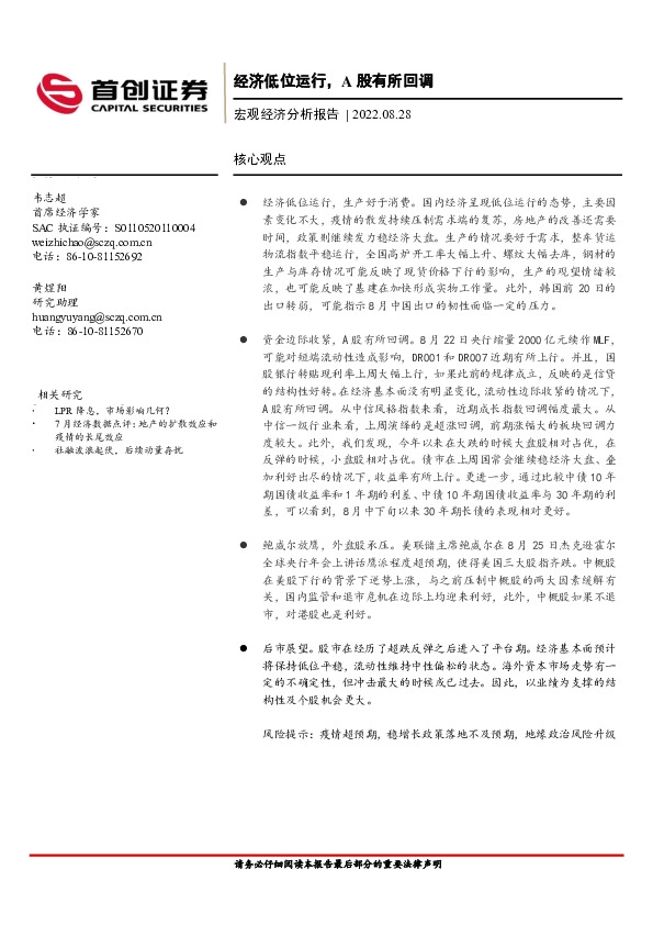 宏观经济分析报告：经济低位运行，A股有所回调
