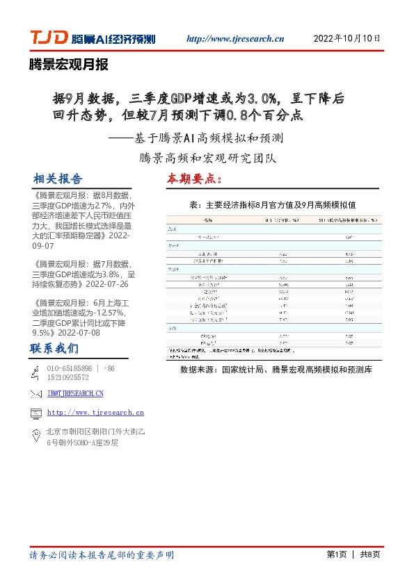 腾景宏观月报：据9月数据，三季度GDP增速或为3.0%，呈下降后回升态势，但较7月预测下调0.8个百分点——基于腾景AI高频模拟和预测