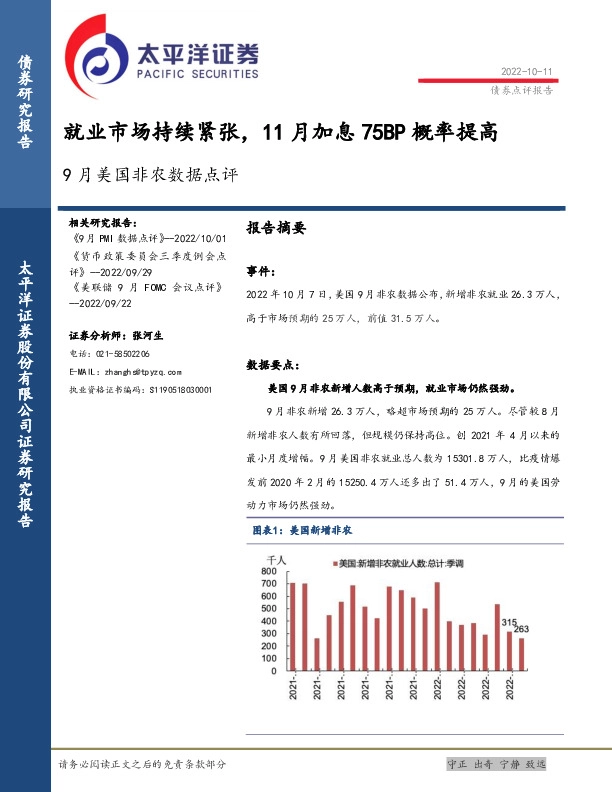 9月美国非农数据点评：就业市场持续紧张，11月加息75BP概率提高