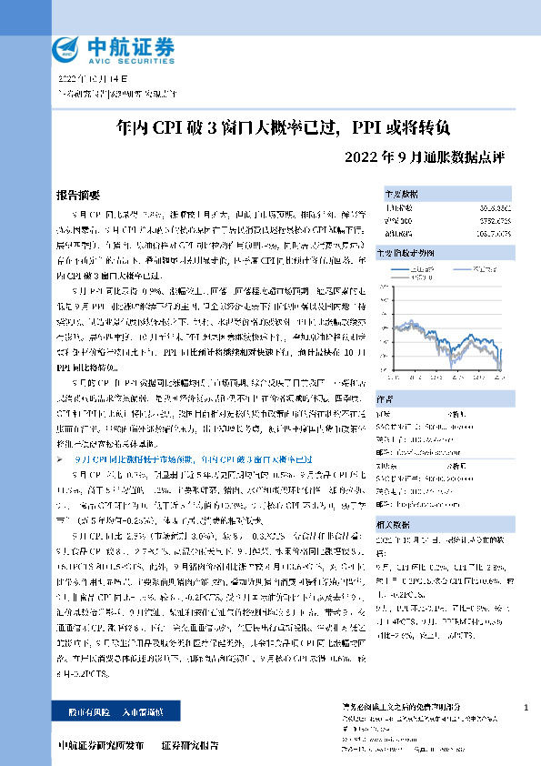 2022年9月通胀数据点评：年内CPI破3窗口大概率已过，PPI或将转负