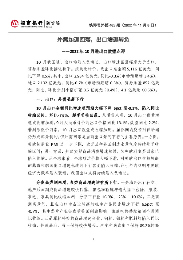 2022年10月进出口数据点评：外需加速回落，出口增速转负