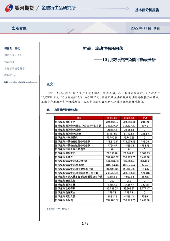 10月央行资产负债平衡表分析：扩表，流动性有所回落